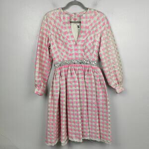 Vintage 60s Kiki Hart Dress Womens 8 Pink‎ Silver Check Metallic Waist Retro